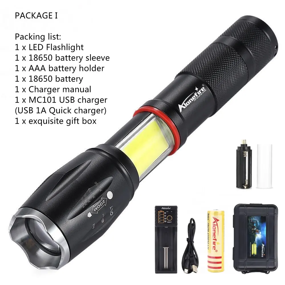 PACKAGE I AloneFire G701 Многофункциональный зум светодиодный фонарик 5000лм CREE XML T6 фонарь COB лампа магнит AAA 18650 перезаряжаемая батарея - Испускаемый цвет: PACKAGE I