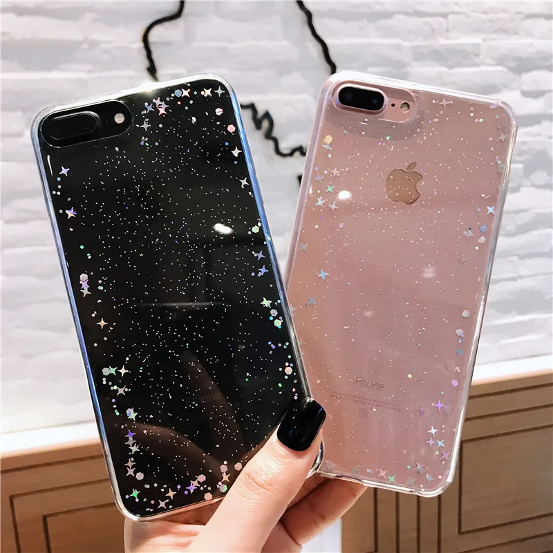Fashion Transparent Bling Glitter Stars Cover Phone Case For iPhone 8 7 Plus X Solf TPU Silicone Back Cases 6 6S |