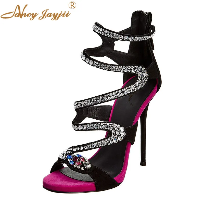 

Flock Women Sandals Female Shoes Rome Gladiator Crystal Super High Thin heels Solid Novelty Leisure Mature 2019 Wedding Party