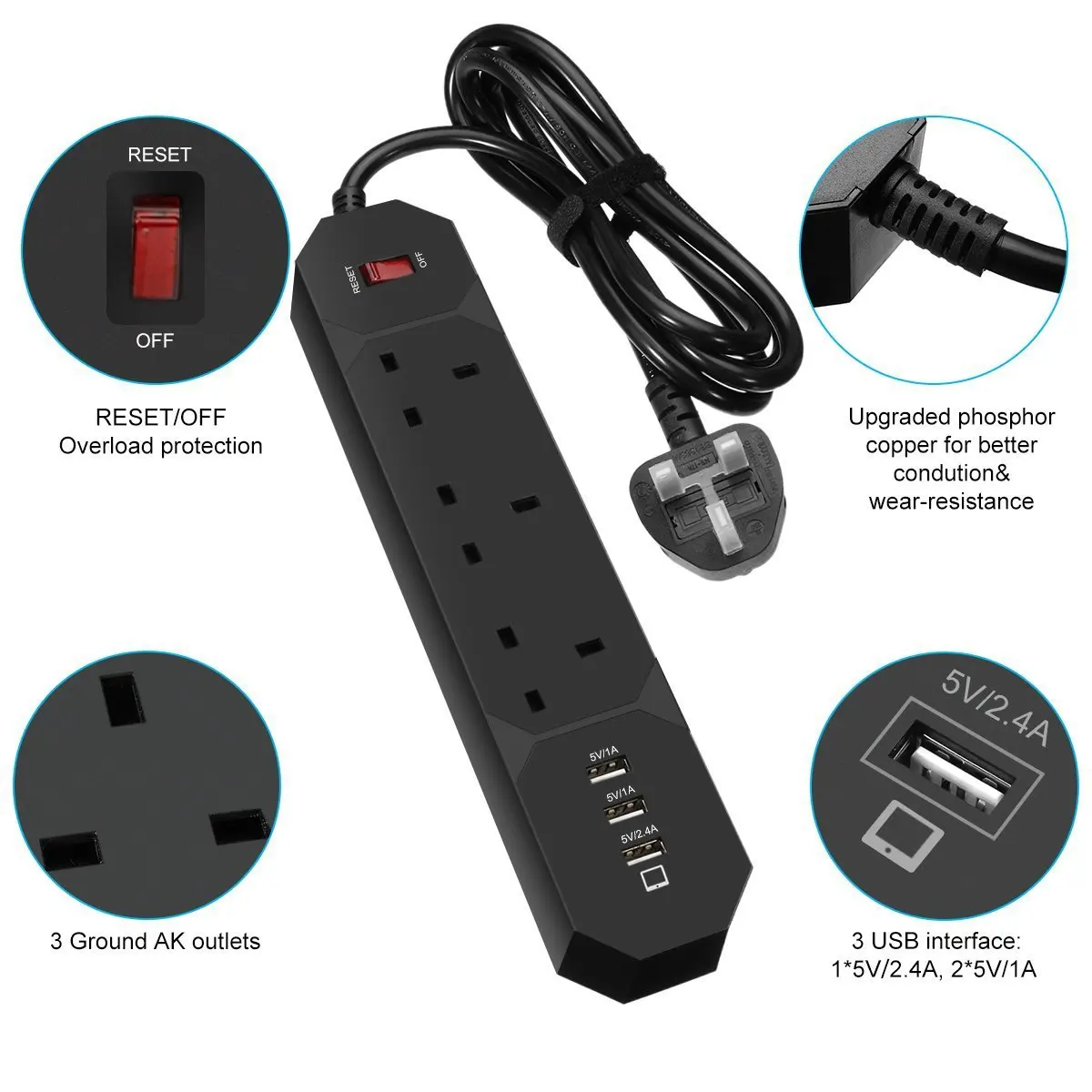 Сетевой фильтр-удлинитель 3 AC UK розетки с USB быстрой зарядкой Ports13A/3250 W 1,8 m