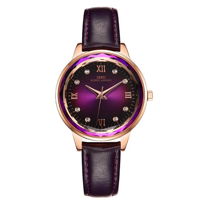 Purple IBSO Женские Кварцевые Часы Дамские кожаные Наручные часы модные блестящие стразы водонепроницаемые наручные часы подарок для жены - Цвет: Purple