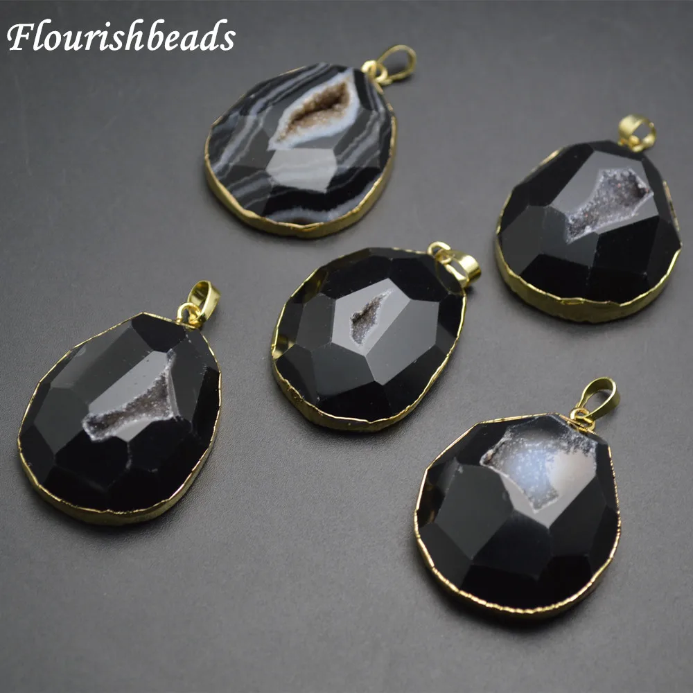 

Surface Cutting Natural Black Druzy Geode Agate Stone Pendants Fashion Woman Necklace making supplies 5pc per lot