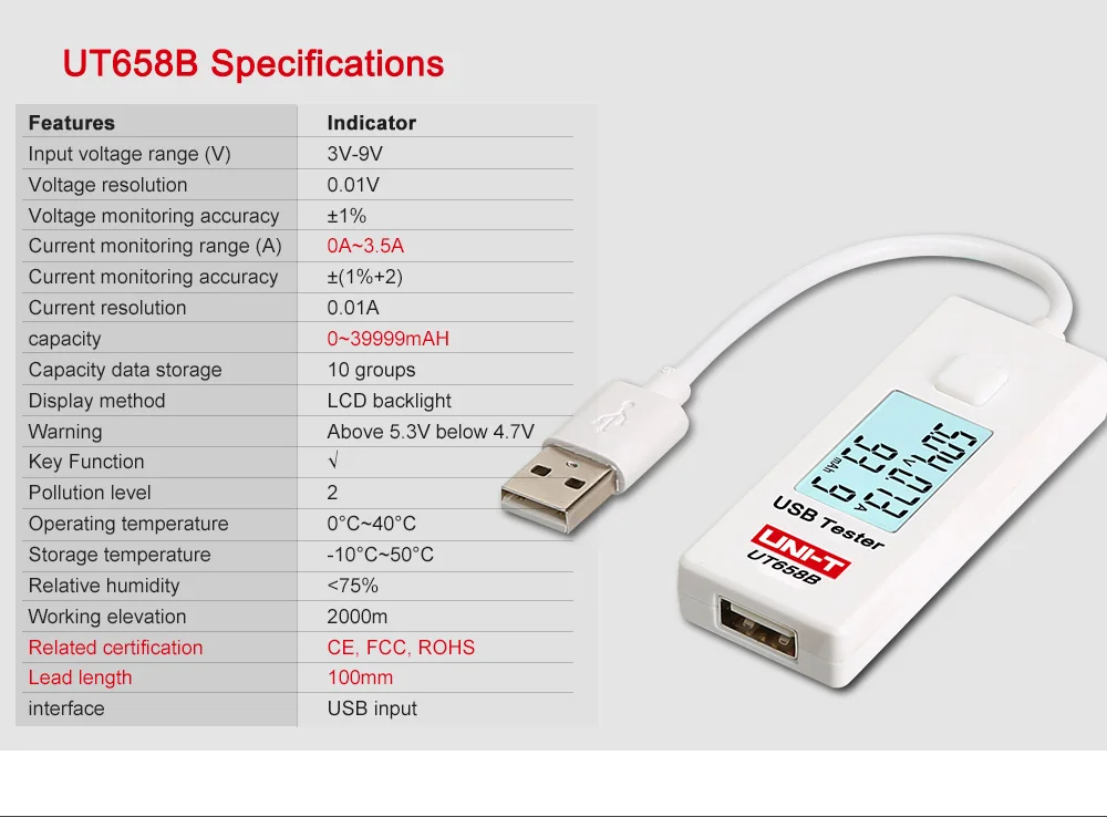 USB тестер UNI-T UT658B dc Цифровой вольтметр UT658 напряжение измеритель тока Амперметр детектор Банк питания зарядное устройство индикатор
