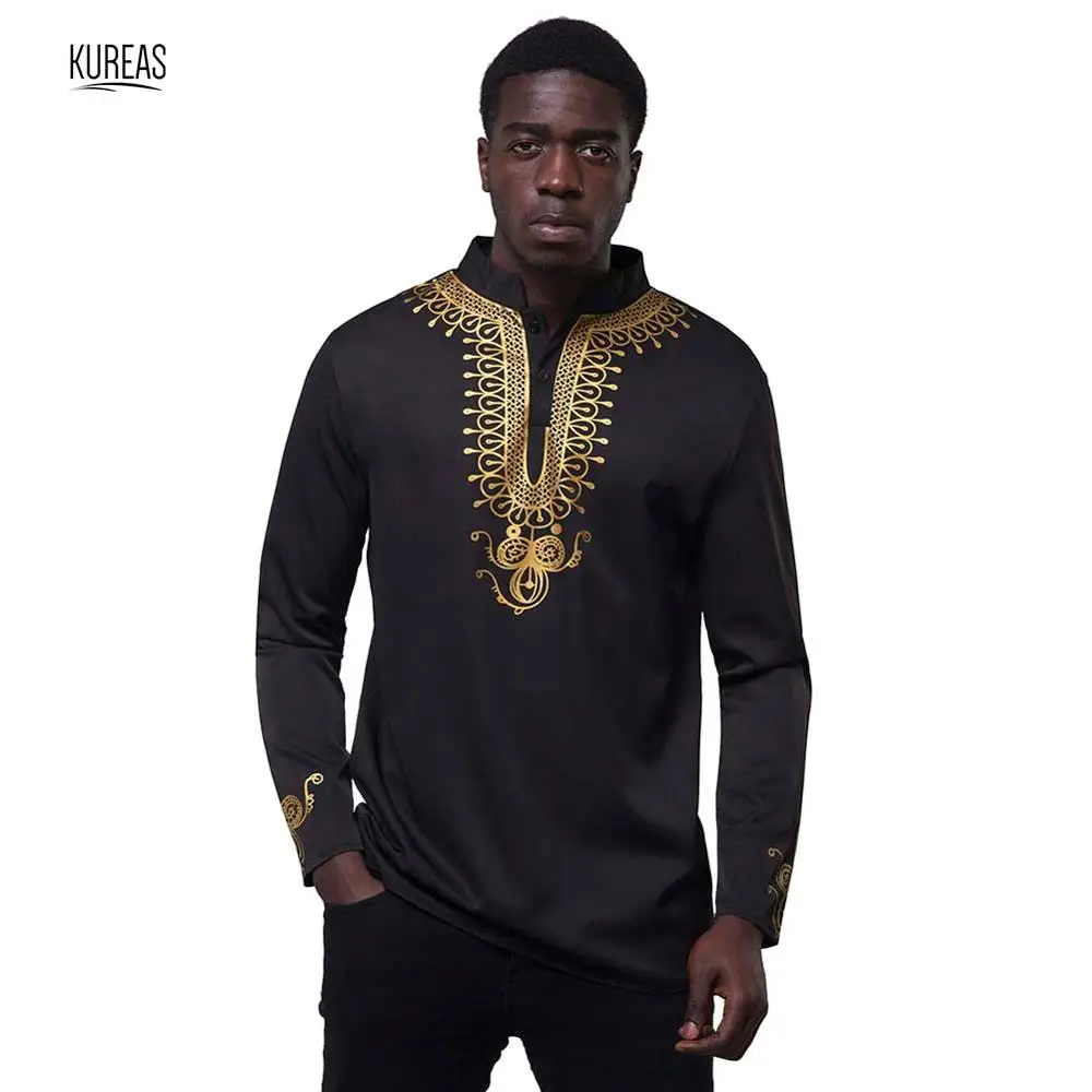 Kureas Dashiki Мужская африканская одежда с золотым принтом Футболки с длинным рукавом Топы со стоячим воротником Slim Fit традиционная африканская одежда - Цвет: Черный