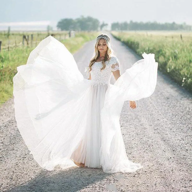 JIERUIZE белые кружевные аппликации тюль Boho свадебный наряд с короткими рукавами