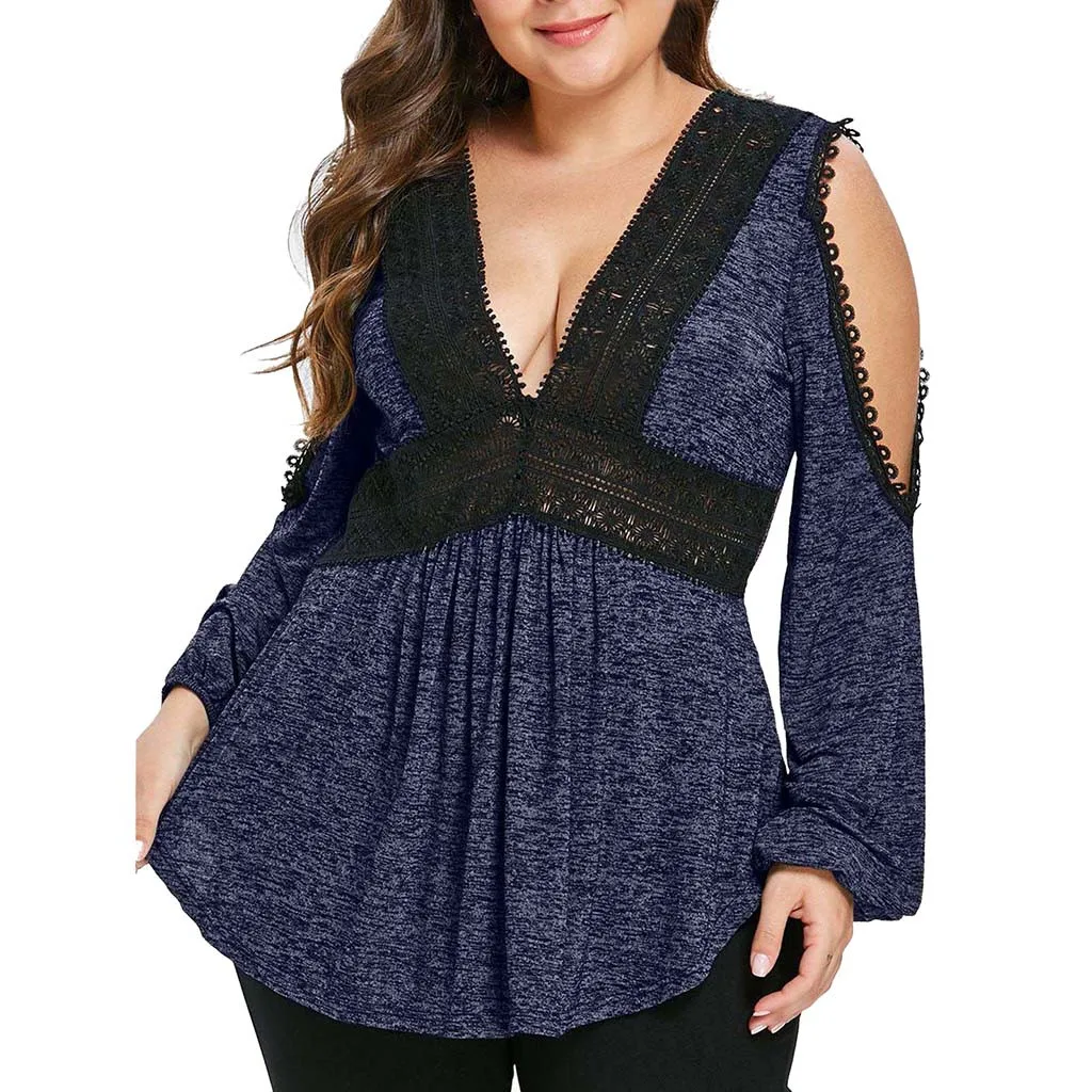 Camiseta feminina Женская Кружевная футболка с v образным вырезом большие размеры