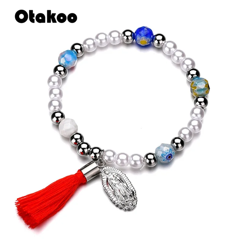 Otakoo Новое поступление серебристые четки бусины крест Религиозный браслет Дева