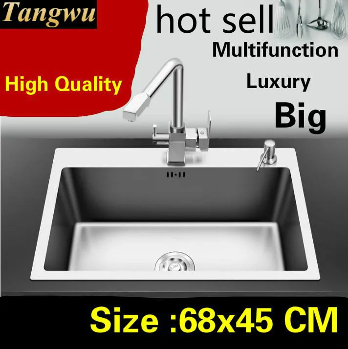 

Free shipping Home large kitchen manual sink single trough multifunction wash vegetables durable 304 stainless steel 68x45 CM