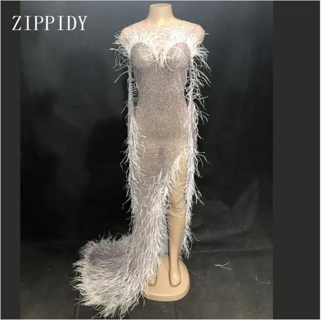

Silver Rhinestones White Feather Mesh Dress Birthday Celebrate Transparent Net Dress Singer Evening Costume Long Dress YOUDU
