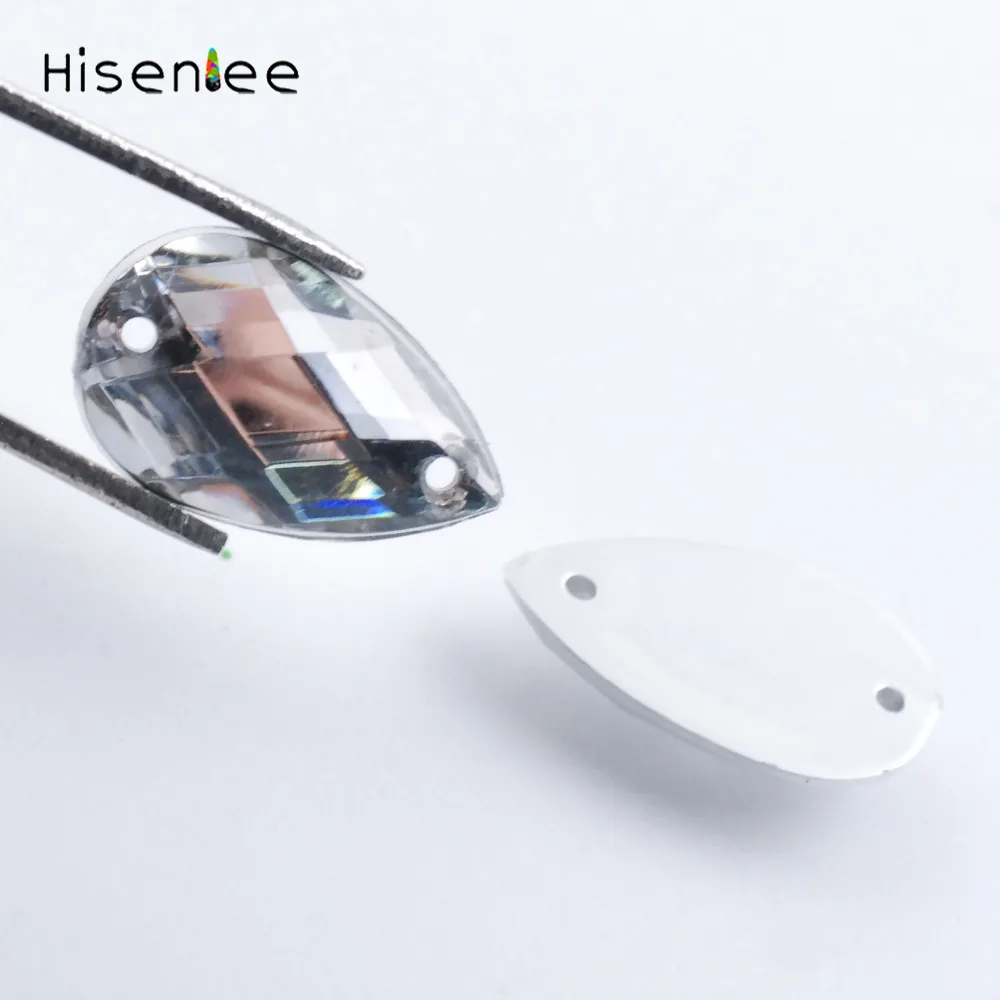 Hisenlee, 100 шт, 8x13 мм, Пришивные прозрачные AB кристаллы, каплевидные, 2 отверстия, плоская задняя сторона, акриловые Стразы для шитья, стразы для украшения своими руками - Цвет: crystal clear