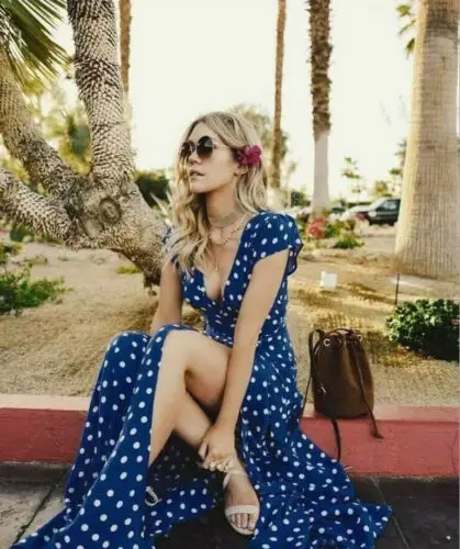 ZOGAA Women Boho Wave Point Maxi V Neck Long Dress Summer Beach Slit Spilt Sundress Dot vintage sexy women dress | Женская одежда