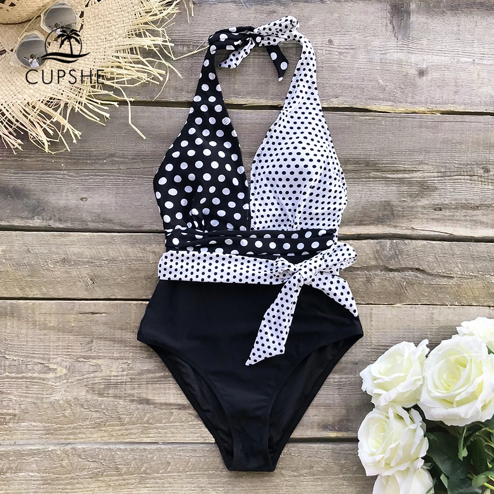 CUPSHE черный и белый горошек с поясом через шею Цельный купальник 2020 женский