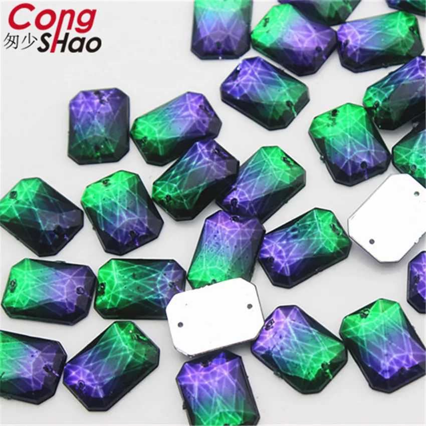 

Cong Shao 100Pcs 13*18mm Dual color Rectangle stones and crystals Acrylic rhinestone flatback sewing 2 Hole costume Button CS82