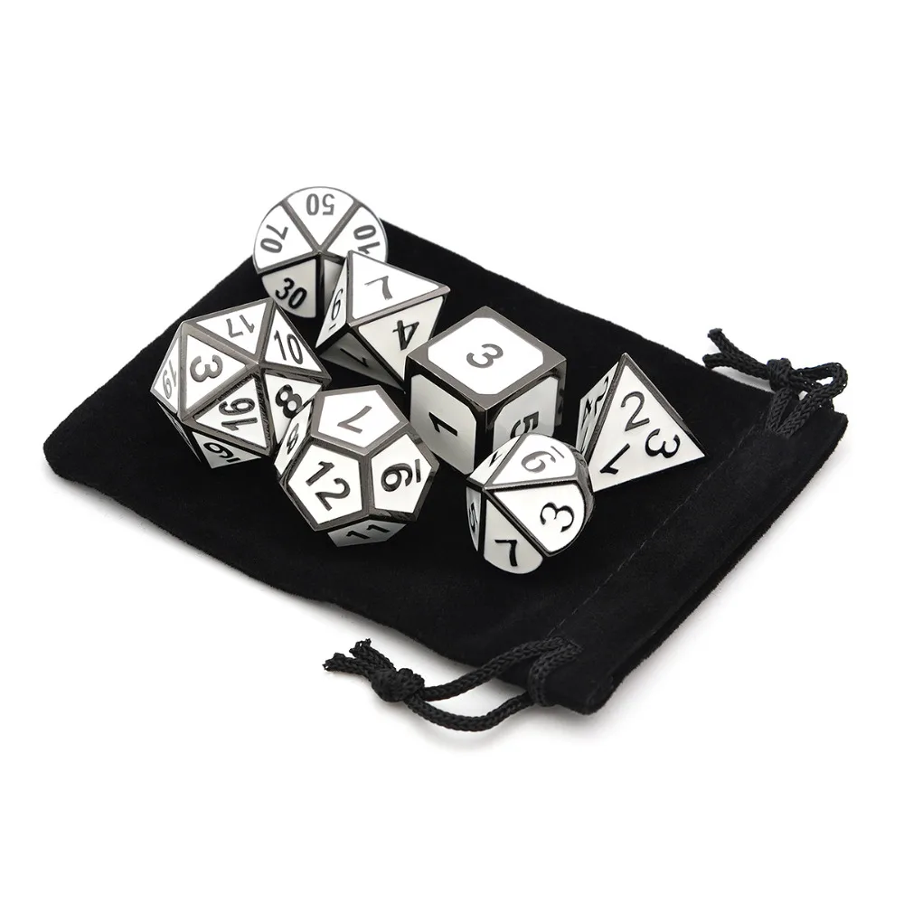 White Enamel Polyhedral Metal Dice with Velvet Pouch for MTG RPG DnD Board Games and Teaching Math