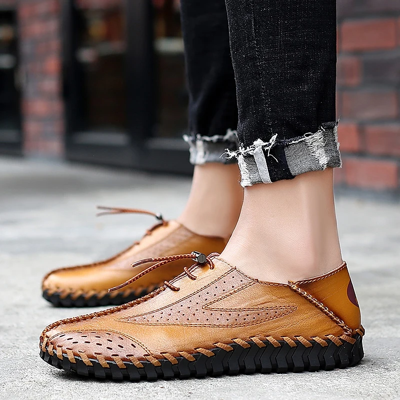 Men's Driving Shoes Men Genuine Leather Loafers Fashion Handmade Soft Breathable Moccasins Flats Slip On DD077 | Обувь