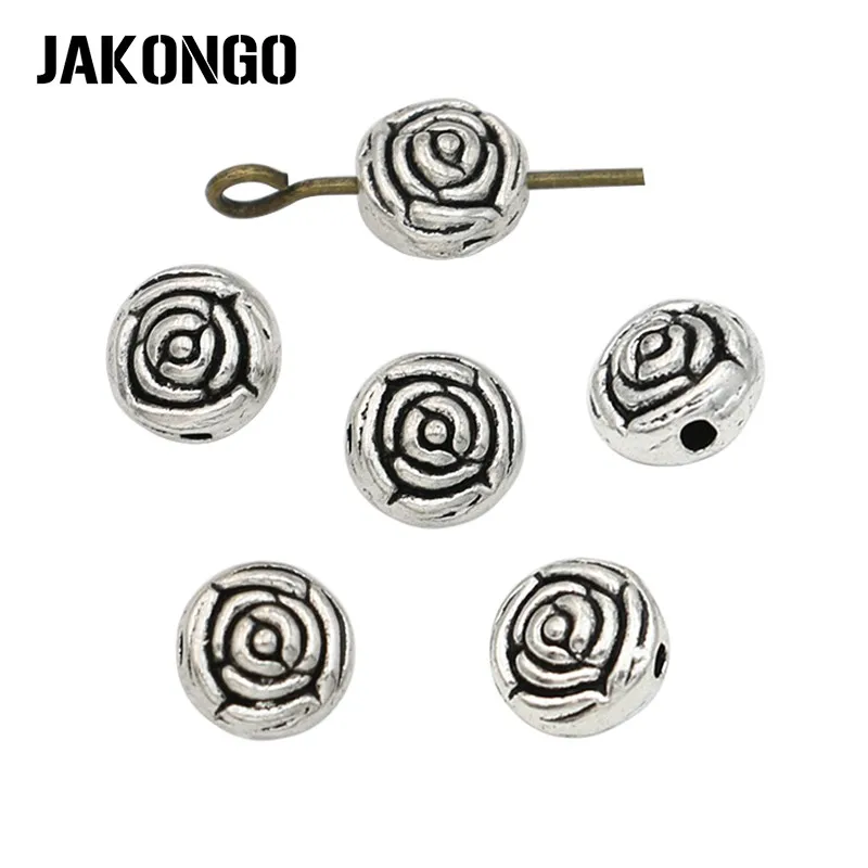 JAKONGO Rose Flower Spacer Beads Antique Silver Plated Loose for Jewelry Making Bracelet DIY Handmade Craft 30PCS | Украшения и