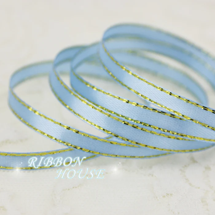 Атласные ленты с краями небесно голубого золота 1/4 дюйма (6 мм) 25 ярдов в рулоне