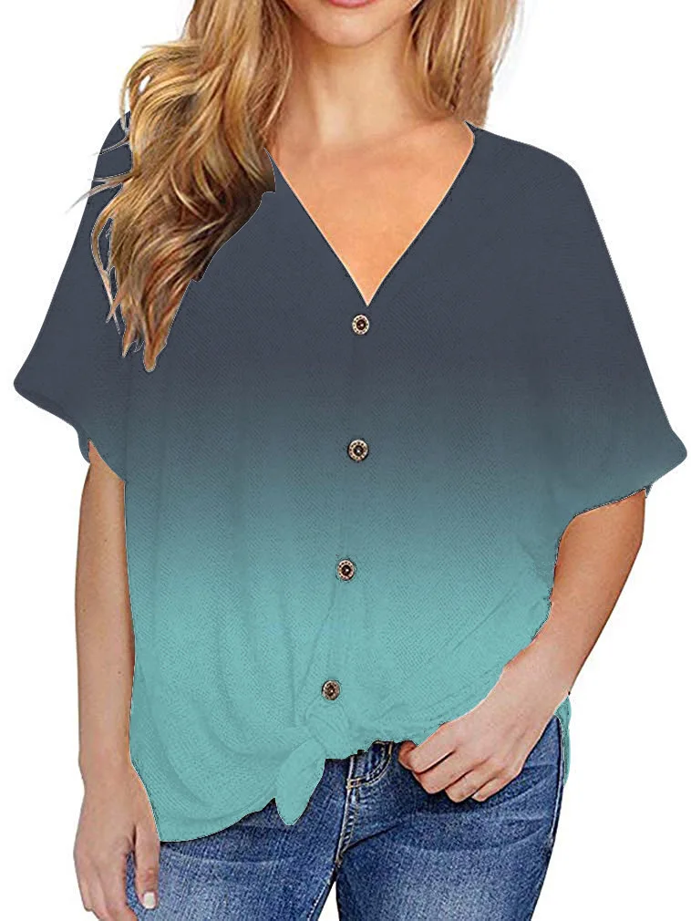 2019 Лето Градиент Для женщин с v образным вырезом топы футболка короткими рукавами