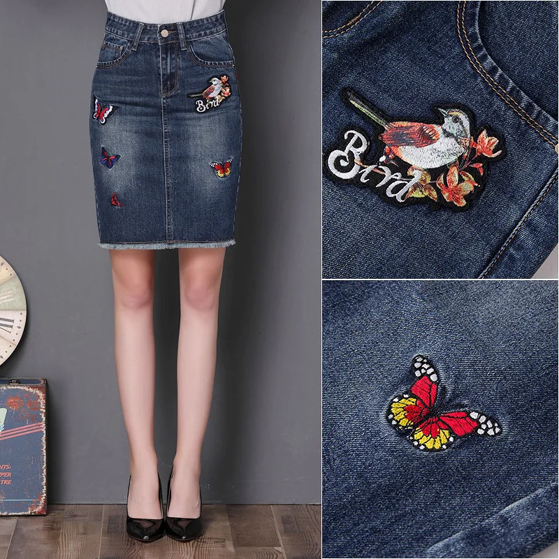 Плюс размер синяя джинсовая юбка 2017 Осенняя Новая повседневная вышитая с высокой