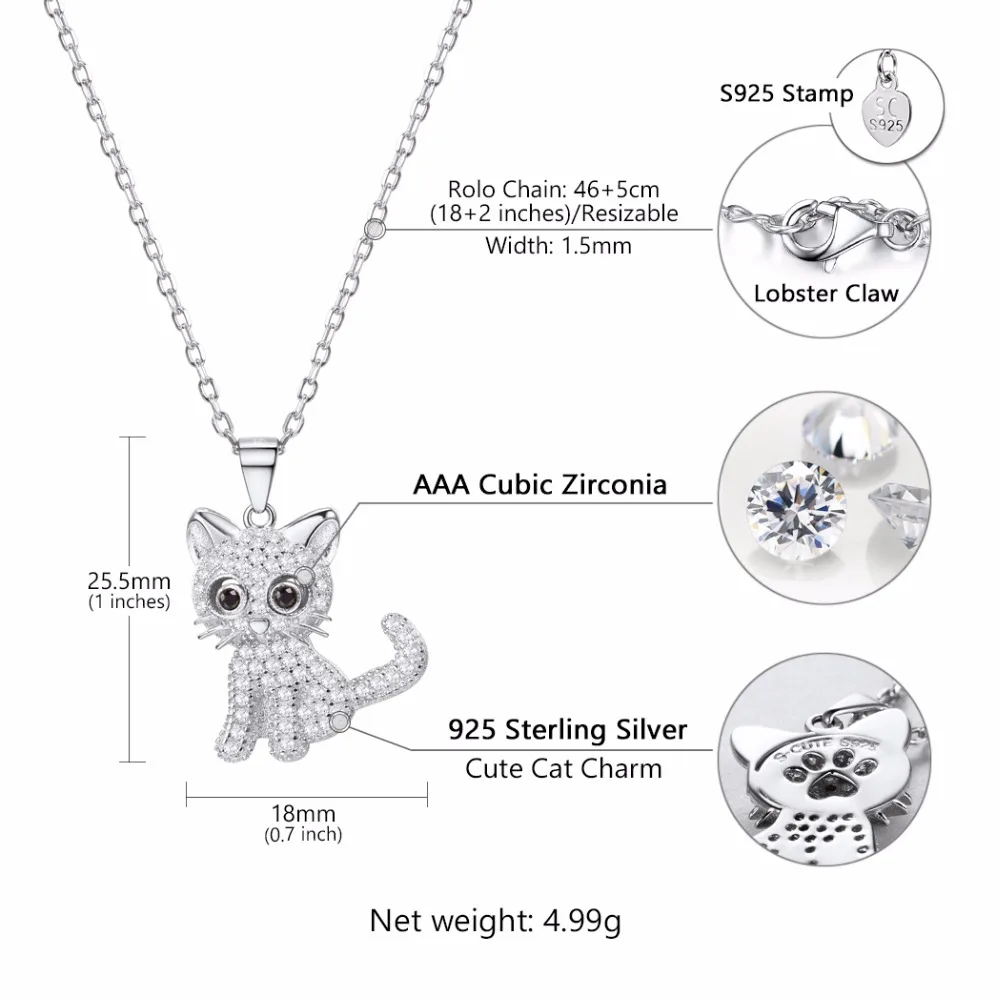 SILVERCUTE роскошные 925 пробы Серебряный котенок кулон цепочки и ожерелья для женщин