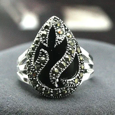 11*14mm NEW INLAY BLACK Natural JADE MARCASITE 925 STERLING SILVER RING SIZE 7/8/9/10 | Украшения и аксессуары