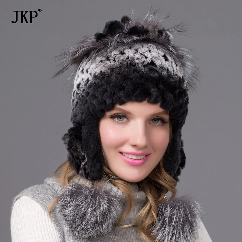 

New Women's knitted fur hat rex rabbit fur pom-pom of hat with fox fur hat knitted lining