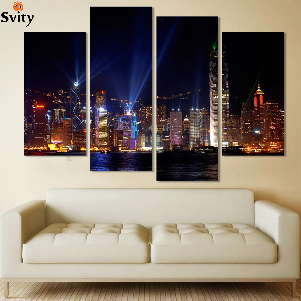 Framed 2016 High Quality Wall Painting 4 Piece City Lights Modern Wall Art HD Picture Canvas Painting Home Decor