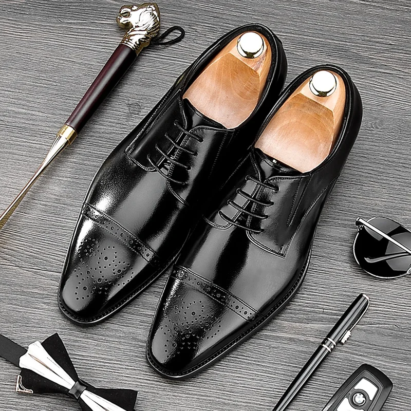 MYCORON Men Boots CasualGenuine Leather Black Brown Luxury Brand Formal Dress Wedding Business Brogues Shoes Herren Schuhe | Обувь