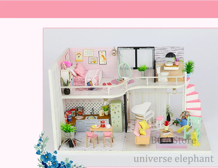 Кукольный домик Миниатюрный с мебелью Diy кукольный домик Деревянные игрушки для детей на день рождения Рождественские подарки Анна розовая Мелодия M035