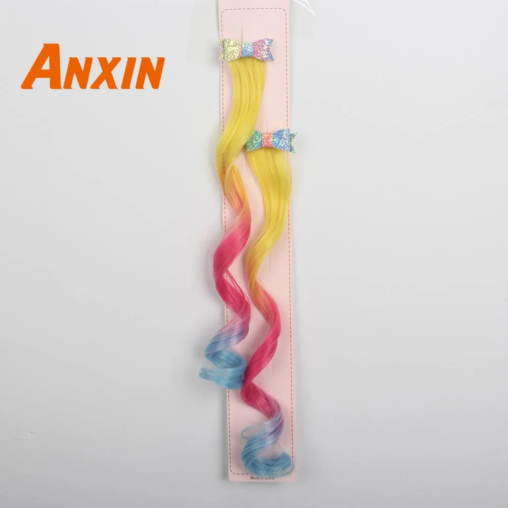 Anxin, милые волнистые цветные заколки для волос с бантом, аксессуары, двойные парики для девочек, детские косплей, вечерние, аниме, синтетический парик - Цвет: #8