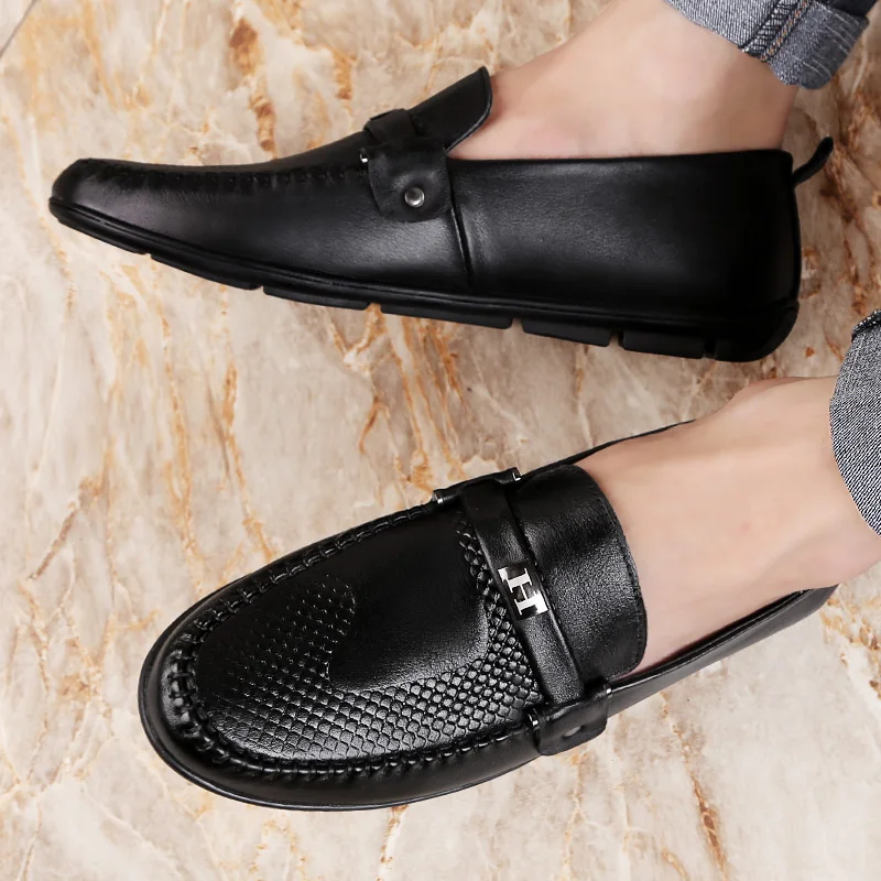 Loafers Genuine Leather Casual Men Shoes Fashion Embossing Boat Slip-On Soft Comfortable Driving Plus Size 36-47 | Обувь