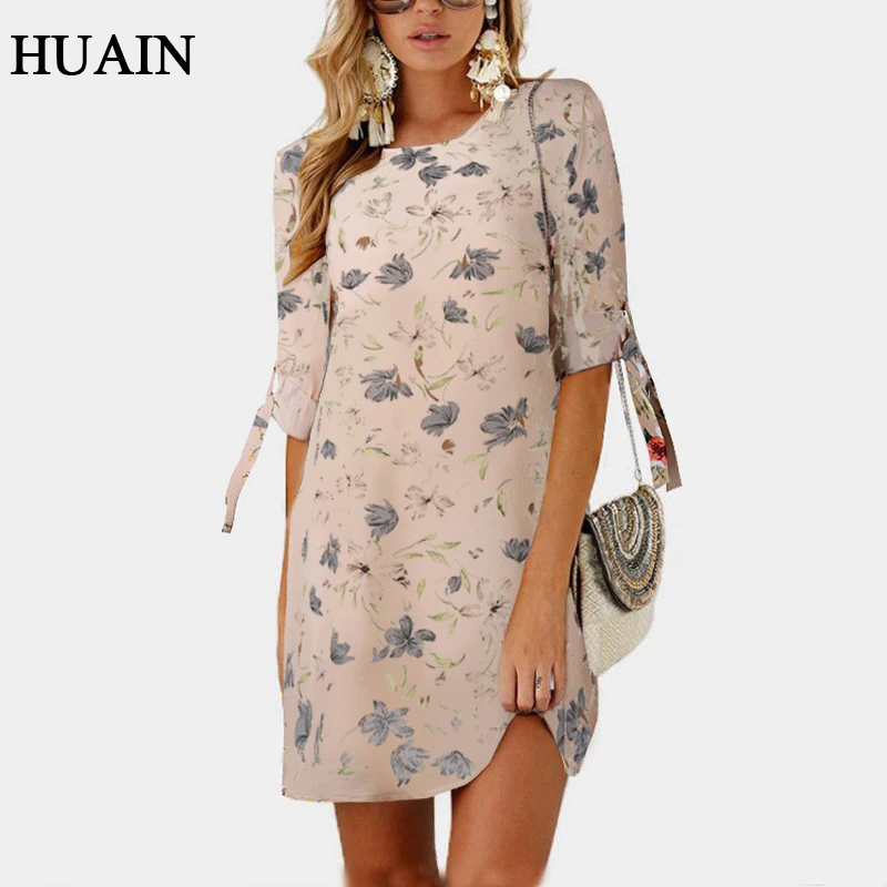Элегантное женское шифоновое платье с круглым вырезом и принтом летнее офисное
