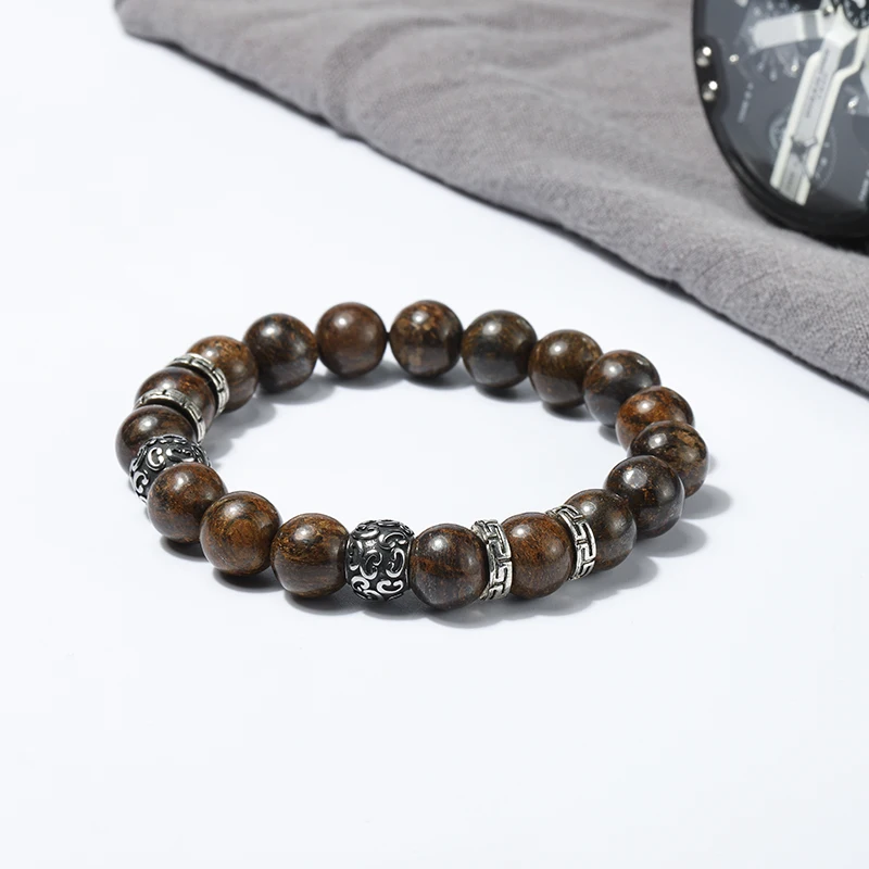 Fashion 10mm natural stone beaded grey men bracelets bronzitite stainless steel charm bracelet jewelry | Украшения и аксессуары