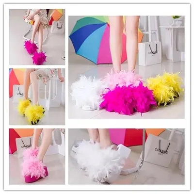 Шлепанцы женские с перьями сандалии на платформе танкетка летняя обувь|slipper