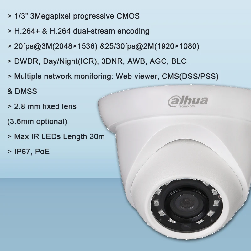 Оригинальная сетевая камера Dahua IPC-HDW1320S 3MP IR Eyeball с максимальными ИК светодиодами