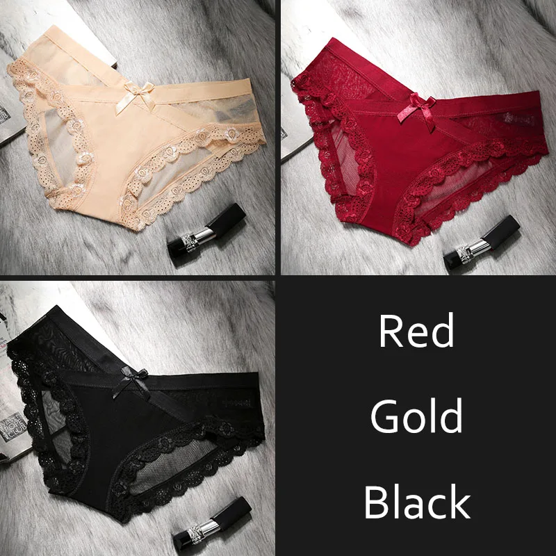 Red Gold Black Женское нижнее белье, прозрачные сексуальные трусики, сетчатые дышащие трусы, низкая посадка, бант, цветочные трусики для девушек, DULASI, 3 шт./лот - Цвет: Red Gold Black