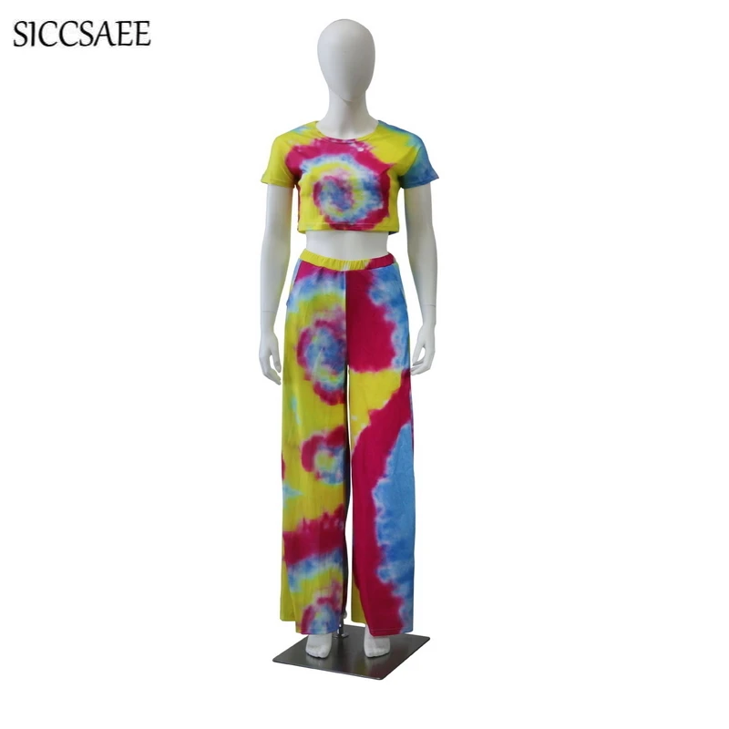 Pattern Painting Two Piece Set Vintage Palazzo Pants Suits Colorful Matching Sets Casual Crop Top Rainbow Retro Tie Dye Summer Женская