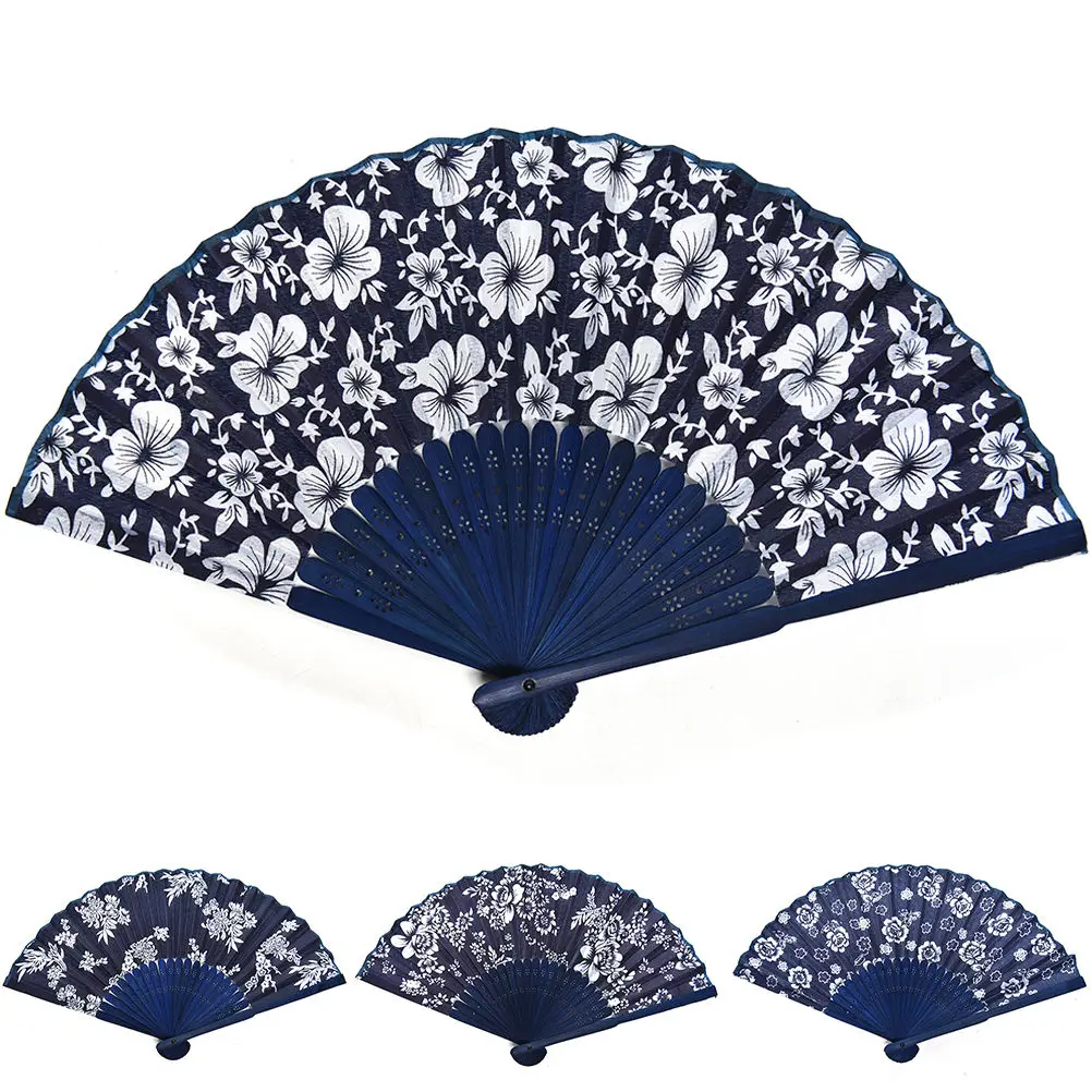 

Cal Flower Design Chinese Style Blue Fabric Hand Fan With Dyed Blue Bamboo Frame Wedding Party Favor