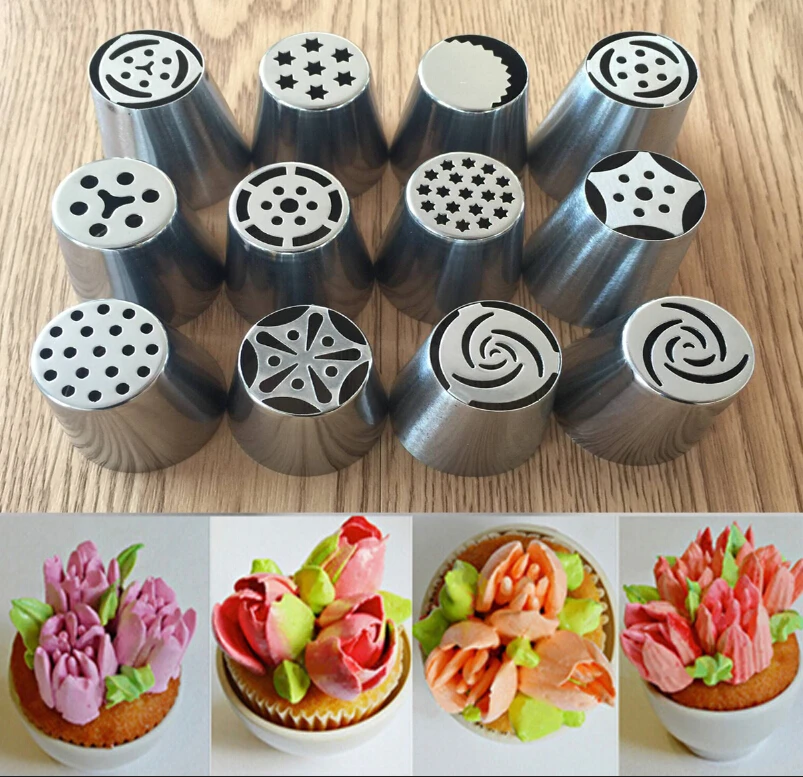 12pcs/lot Russian Tulip Stainless Steel Icing Piping Nozzles Pastry Decorating Tips Cake Cupcake Decorator | Дом и сад