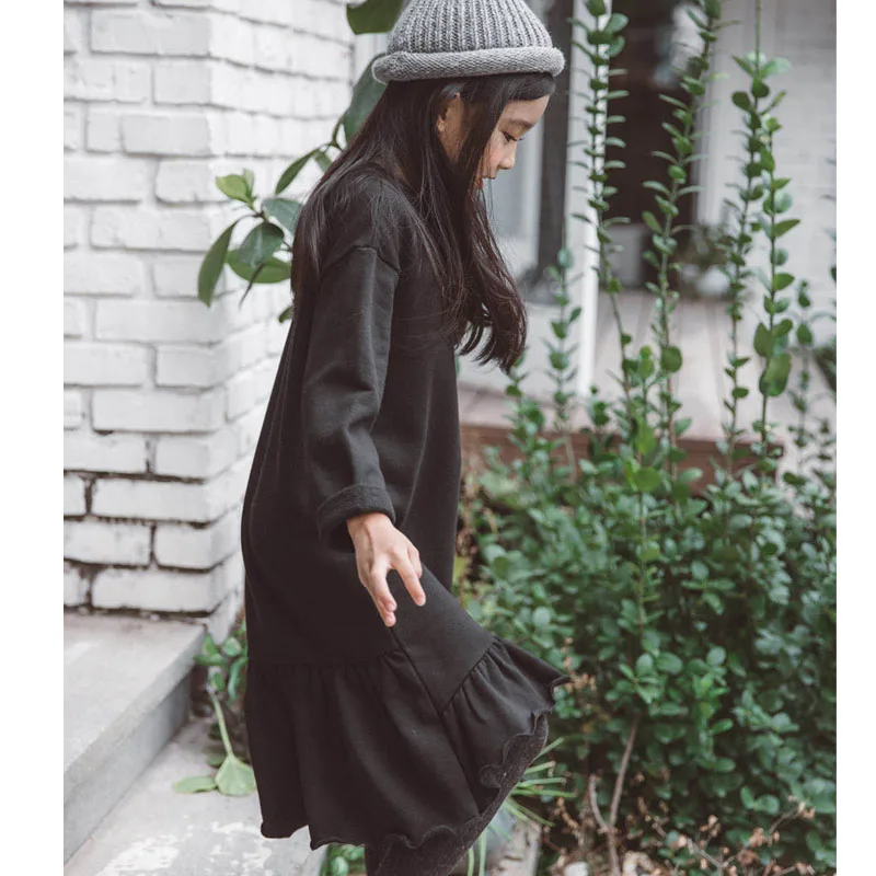 Big Kids Dresses For Girls Ruffle Cotton Long Sleeve Dress Princess Party Black Frocks Teens Girl Fashion Children Clothes 4-14Y | Детская