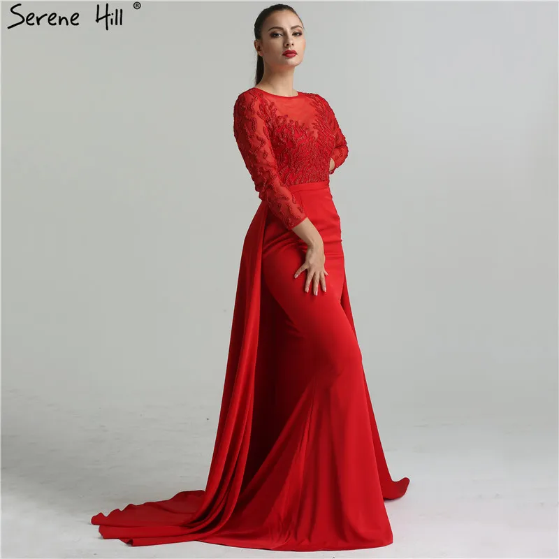 2019 Красные новые бисерные Вечерние платья Русалка с длинным рукавом модные
