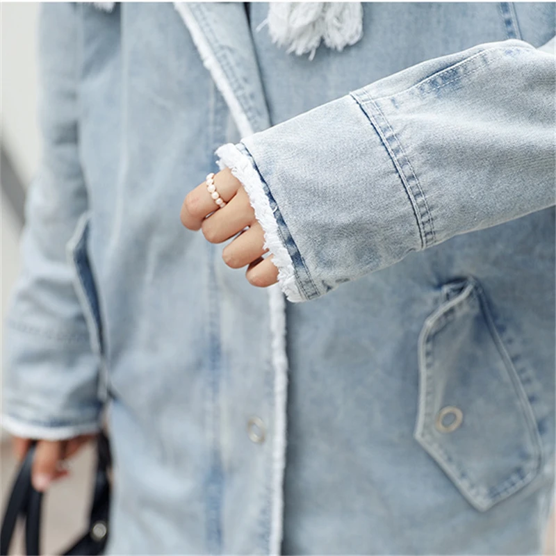 

High quality Denim Cotton Women's Long Section 2018 Winter New Women's Fashion Loose Washed Denim Cotton Padded Plush Coat JB311