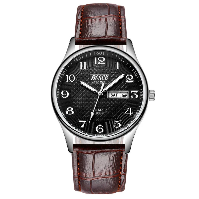 leather black BOSCK Новые горячие недели календарь Мужские часы Бизнес Классические водонепроницаемые светящиеся цифры Кварцевые наручные часы и часы - Цвет: leather black