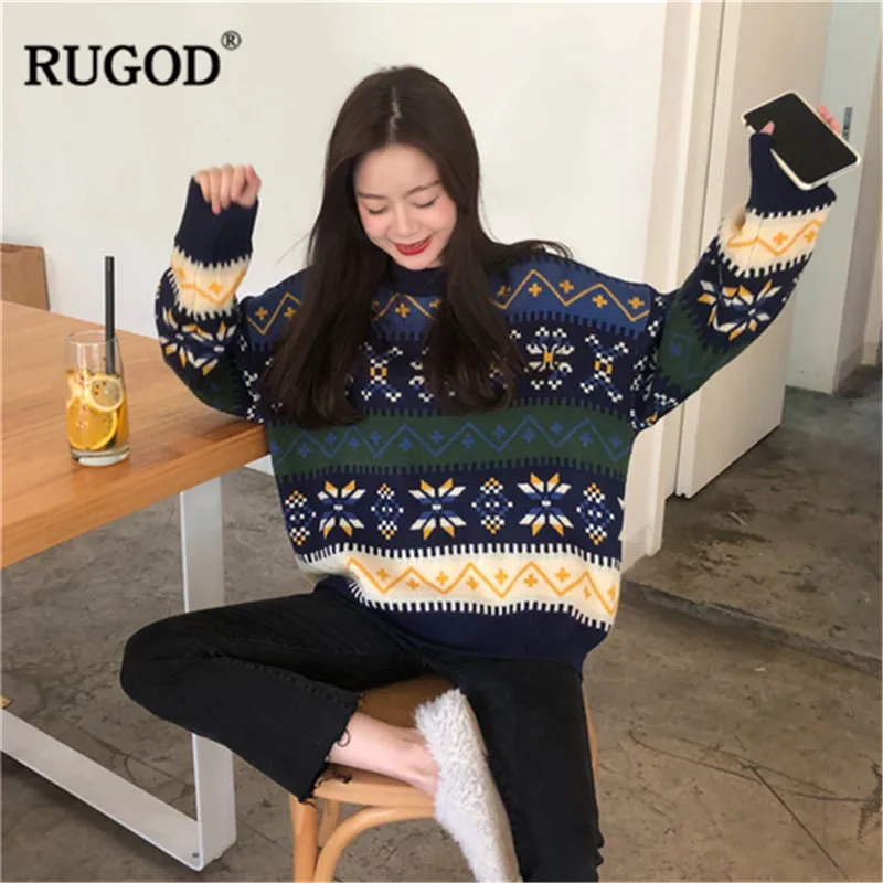 RUGOD Women 's Sweater Christmas O-neck Long Sleeve Vintage Loose Pullovers Casual Lady Fluffy 2019 Winter | Женская одежда