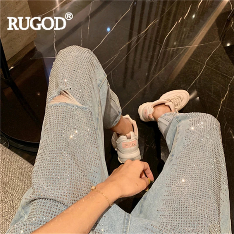 Женские джинсовые брюки RUGOD Синие рваные зауженные с широкими штанинами размера