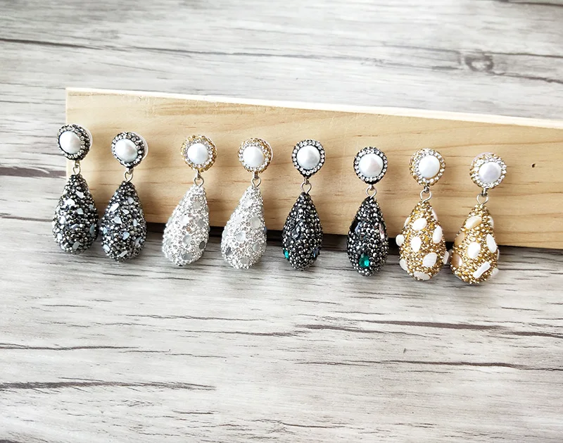 1 Pair Fashion drop shape Natural stone dangle Earrings handmade Pave Rhinestone pearl Charm Jewelry earrings ER762 | Украшения и