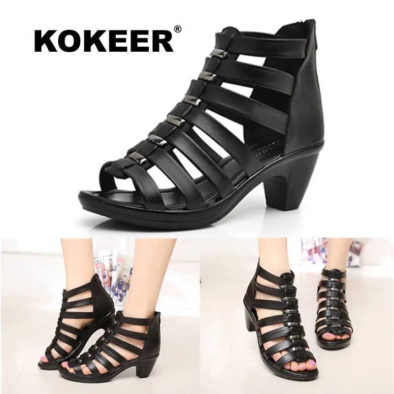 Мода Рим Стиль Летние Черные Кожаные Сандалии с Открытым Вырезать Женская Обувь |