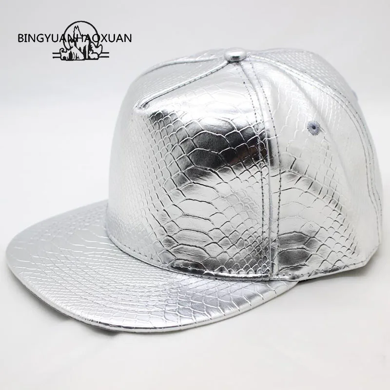 Silver BINGYUANHAOXUAN2017, брендовая бейсболка, искусственная кожа, одноцветная,, бейсболка с ремешком, хип-хоп головные уборы для мужчин и женщин, шапка - Цвет: Silver