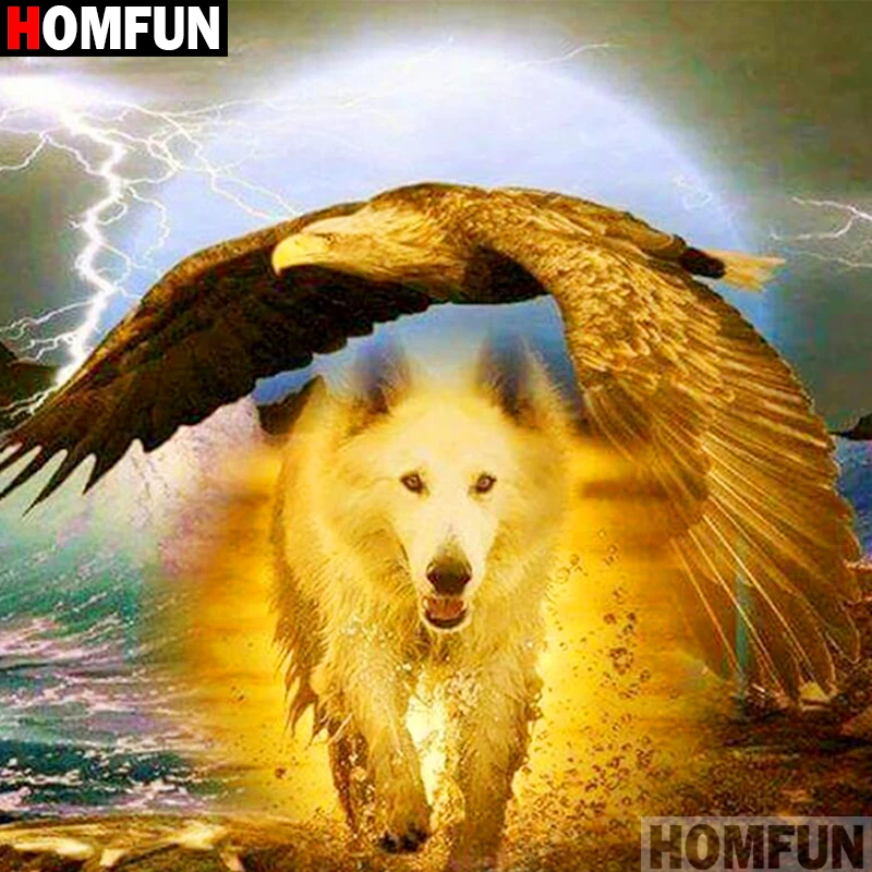 HOMFUN 5D DIY полноразмерная/круглая алмазная живопись волк Орел Алмазная вышивка