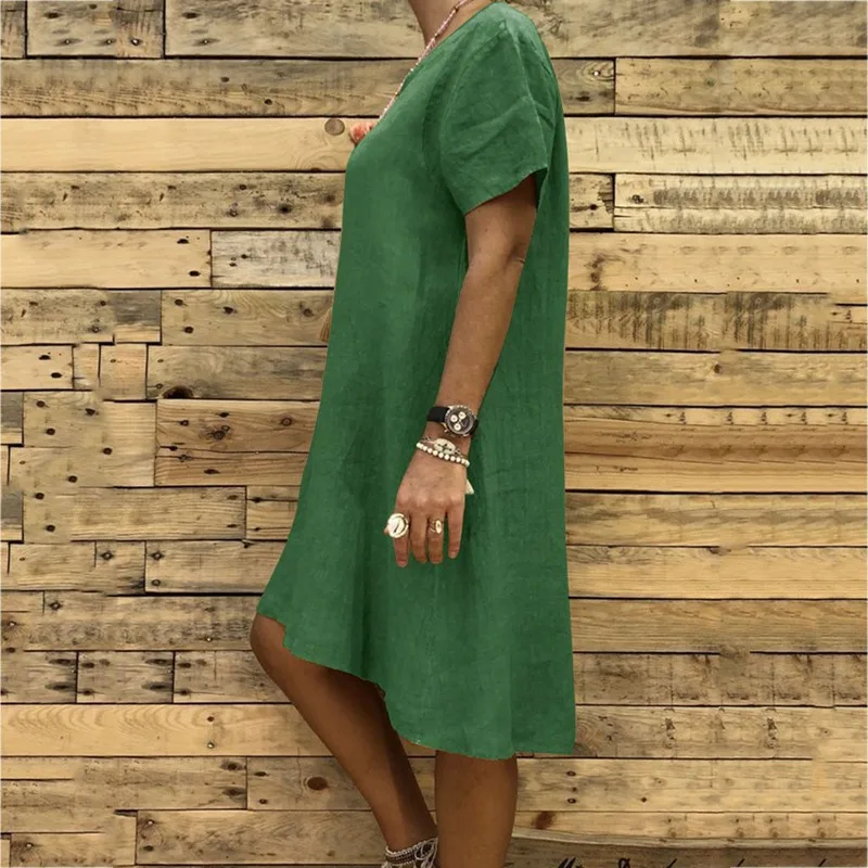 Женское свободное платье с круглым вырезом хлопковое Свободное коротким рукавом